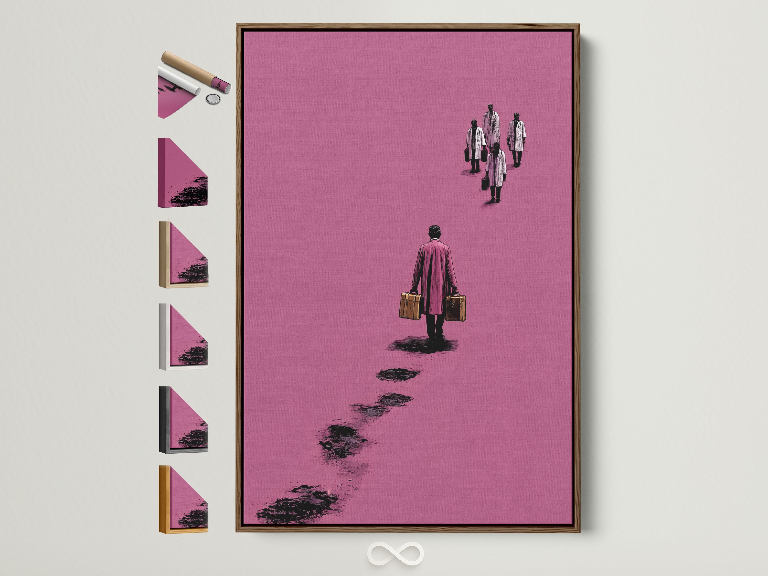 Surreal pink artwork in a brown frame. The art features a figure walking away with suitcases. Other frame options are displayed. This minimalist canvas print adds a contemporary touch to any office decor. It's a modern abstract poster.