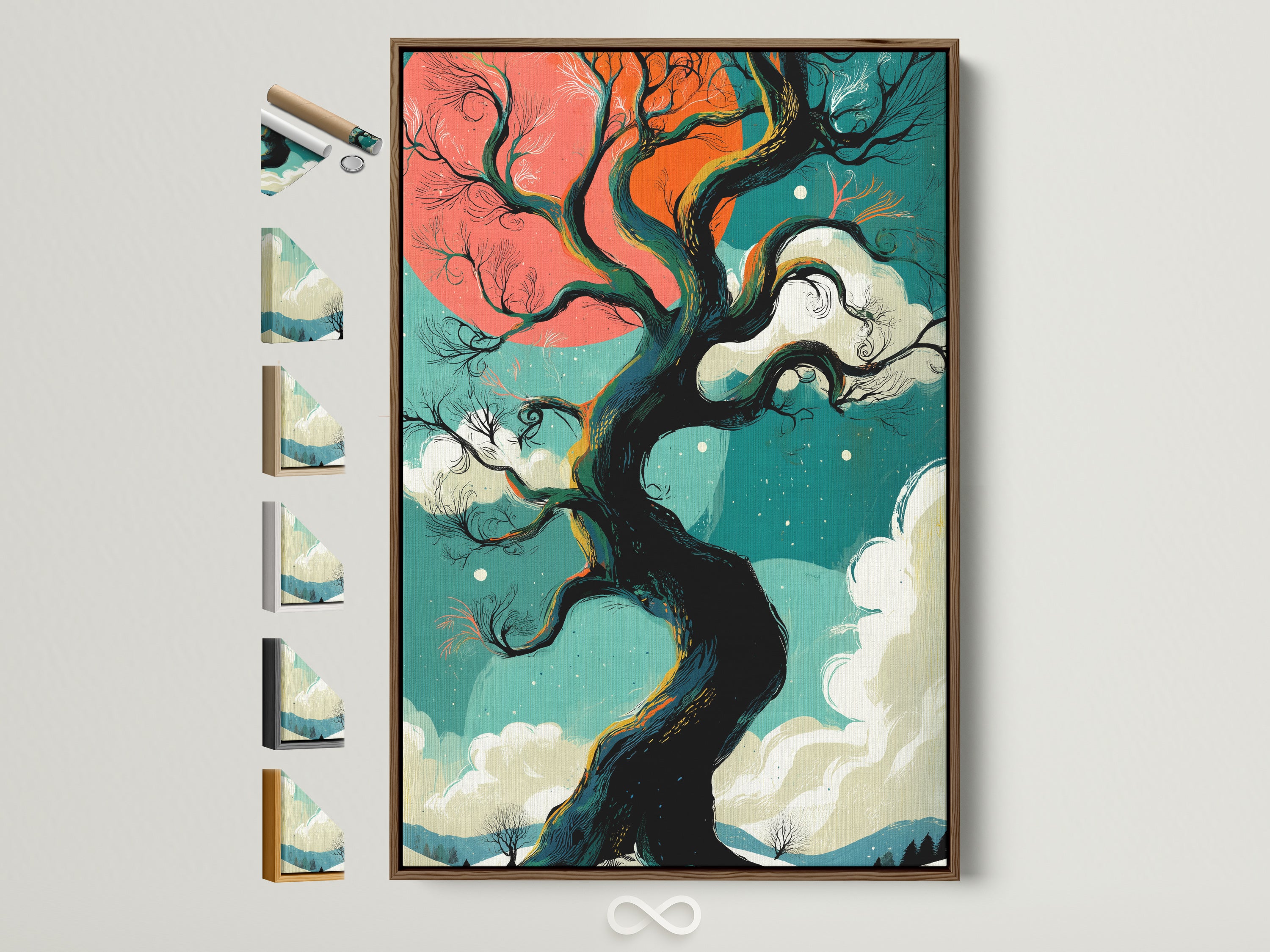 Winter Tree artwork with teal and coral sky in a brown frame. View all frame options for this fantasy landscape poster. Elevate your bedroom wall decor with seasonal nature art. Discover whimsical and colorful art prints.