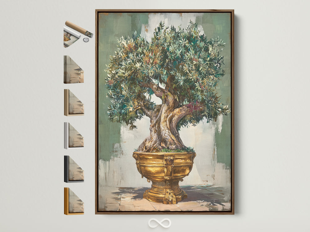 Olive tree in gold pot, painterly brushwork