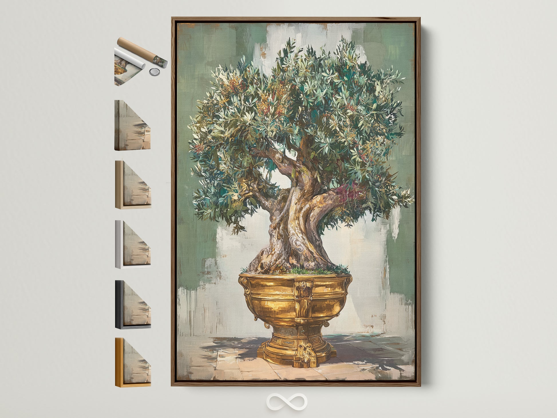 Explore framing options for your artwork. This brown frame is displayed alongside other frame styles. Discover the perfect complement to your art. Many frame choices are available to enhance your space.