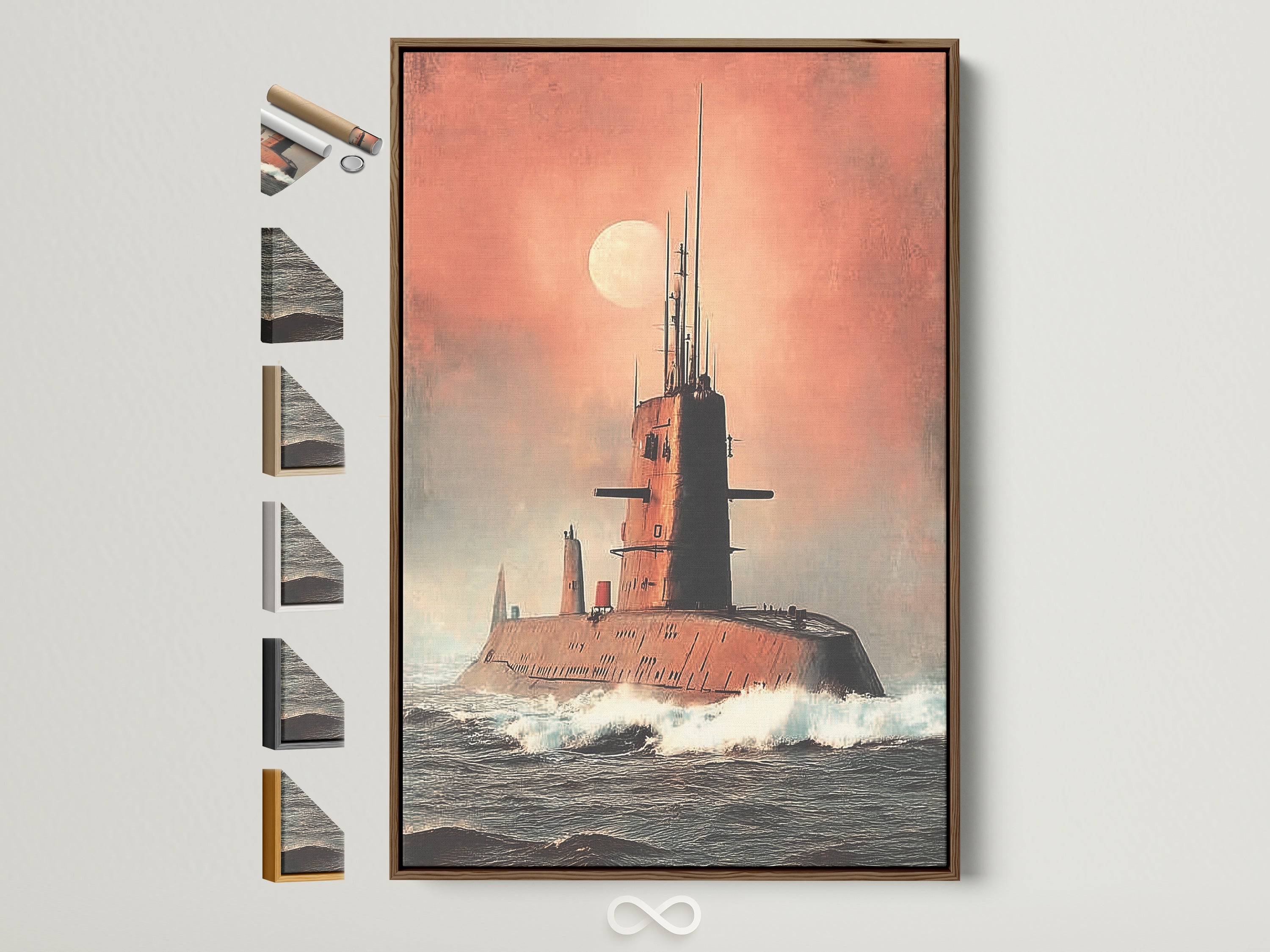 Vintage Naval Wall Art with a submarine art print. This military ocean canvas print is displayed in a brown frame. The artwork complements office study room decor. Explore framed art options for your space.