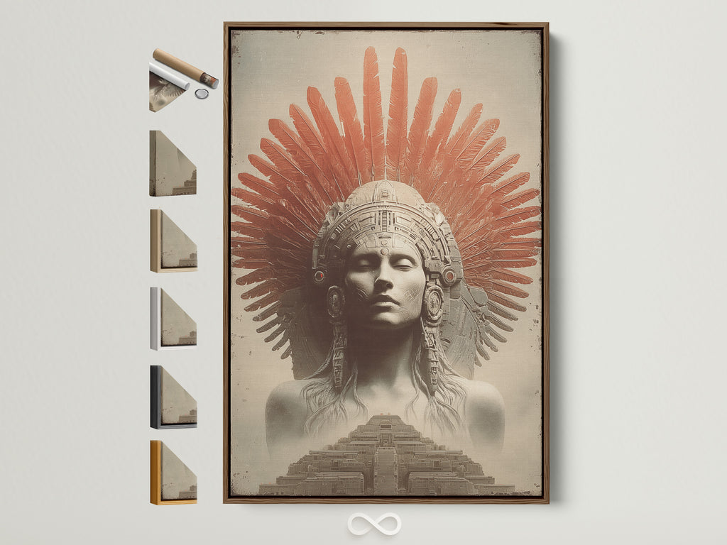 A captivating artwork displayed in a brown frame. All frame options are showcased on the side. The artwork features an indigenous person with red feathers and a temple. Discover the beauty of framed art for your home or office. Find the perfect piece to complement your style and decor.