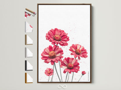 A red floral canvas print is displayed in a brown frame. All frame options are visible on the side. This botanical wall art adds a modern touch to any bedroom. The crimson blossom artwork enhances the space with its vibrant color.