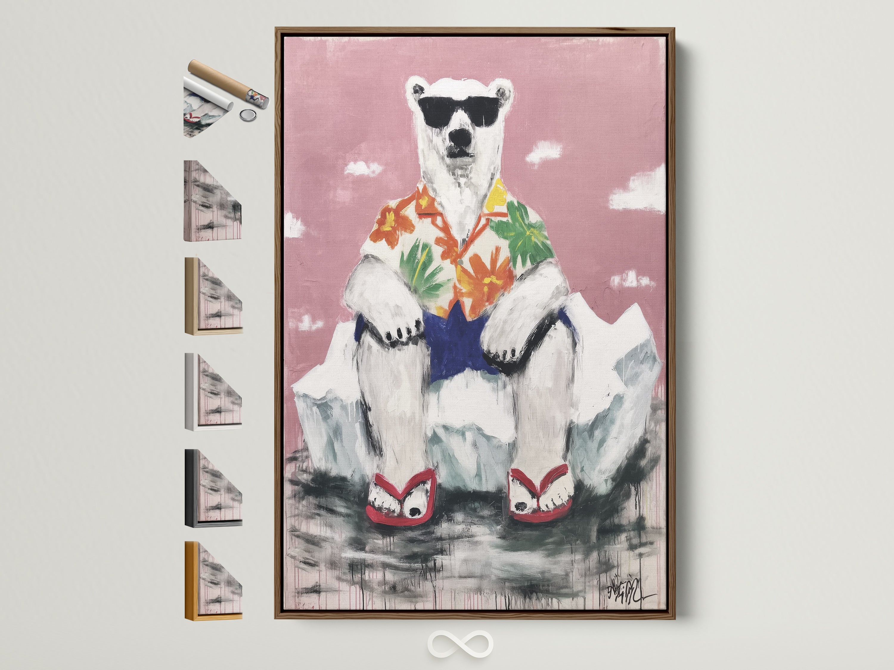 Framed cool polar bear artwork with a brown frame. This funny animal wall decor features a tropical summer theme. Frame options are displayed on the side. Perfect for kids room art or a beach house.