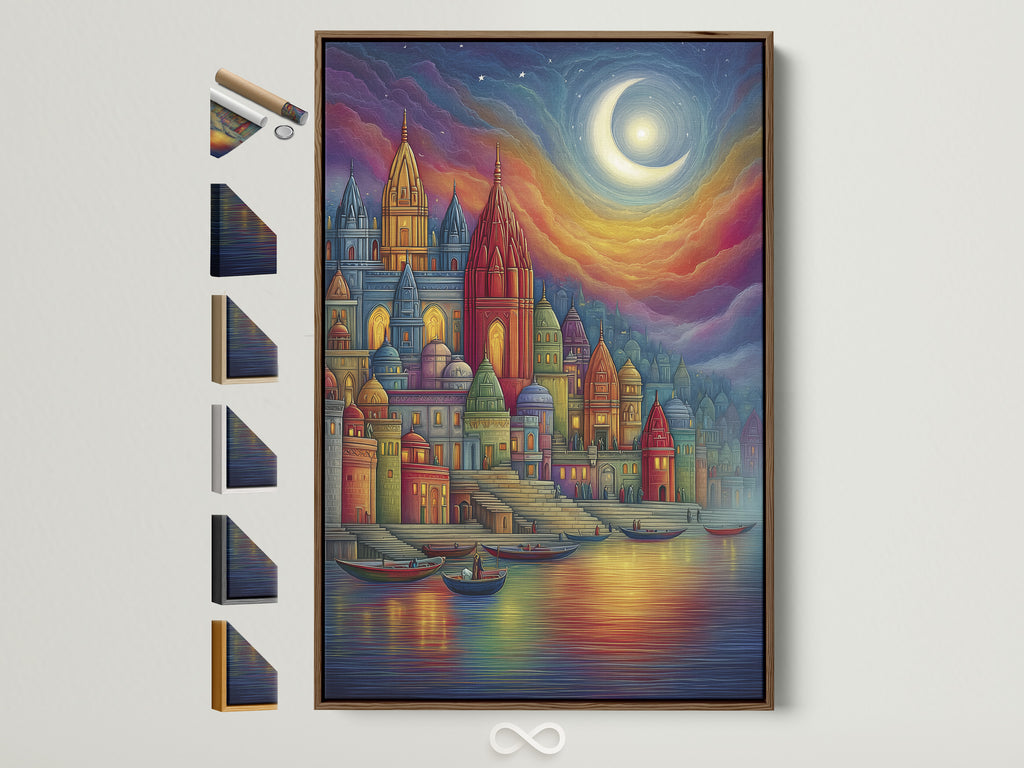 Fantasy Castle Wall Art in a Brown Frame. The colorful medieval architecture print adds a whimsical touch to any room. This fairytale canvas is perfect for bedroom decor. The frame options are displayed on the side. It enhances contemporary spaces.