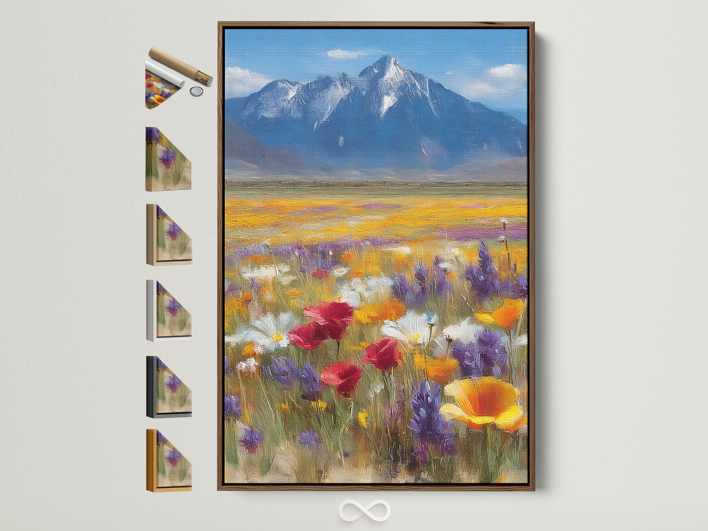 Framed wildflower meadow artwork with mountain backdrop. This colorful poppy field art brings a touch of nature indoors. The brown frame complements the vibrant yellows and blues. It's perfect wall decor for a farmhouse or rustic-themed room. Explore framing options to customize your artwork.
