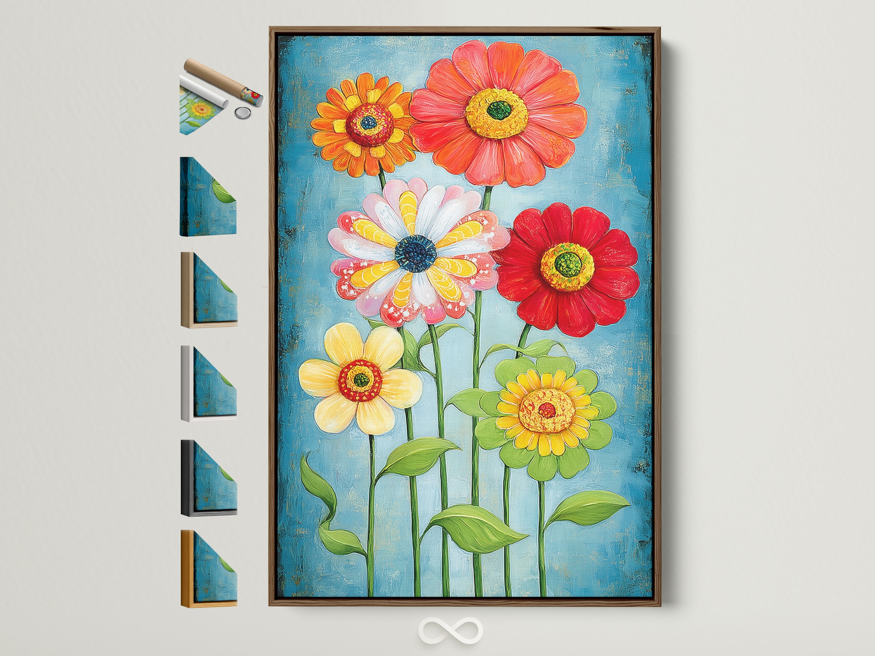 A floral canvas print is displayed in a brown frame. Frame options are visible on the side. The artwork features a colorful flower garden. This wall art brings a modern botanical touch. It is perfect for adding vibrant decor to a bedroom or living room.