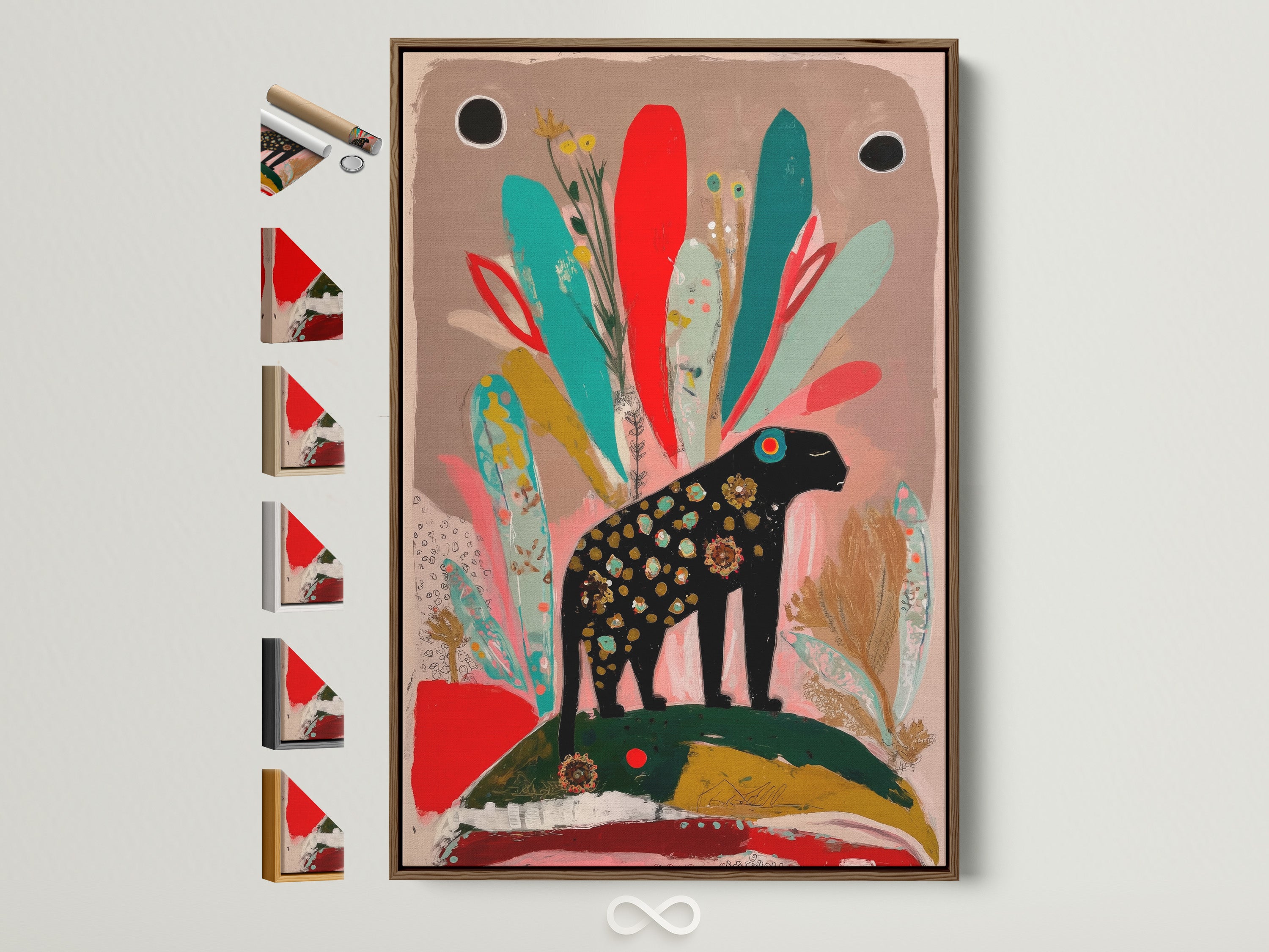 A captivating folk art elephant print displayed in a brown frame. The artwork features a bohemian animal theme. All framing options are showcased. This piece is perfect for eclectic home decor.