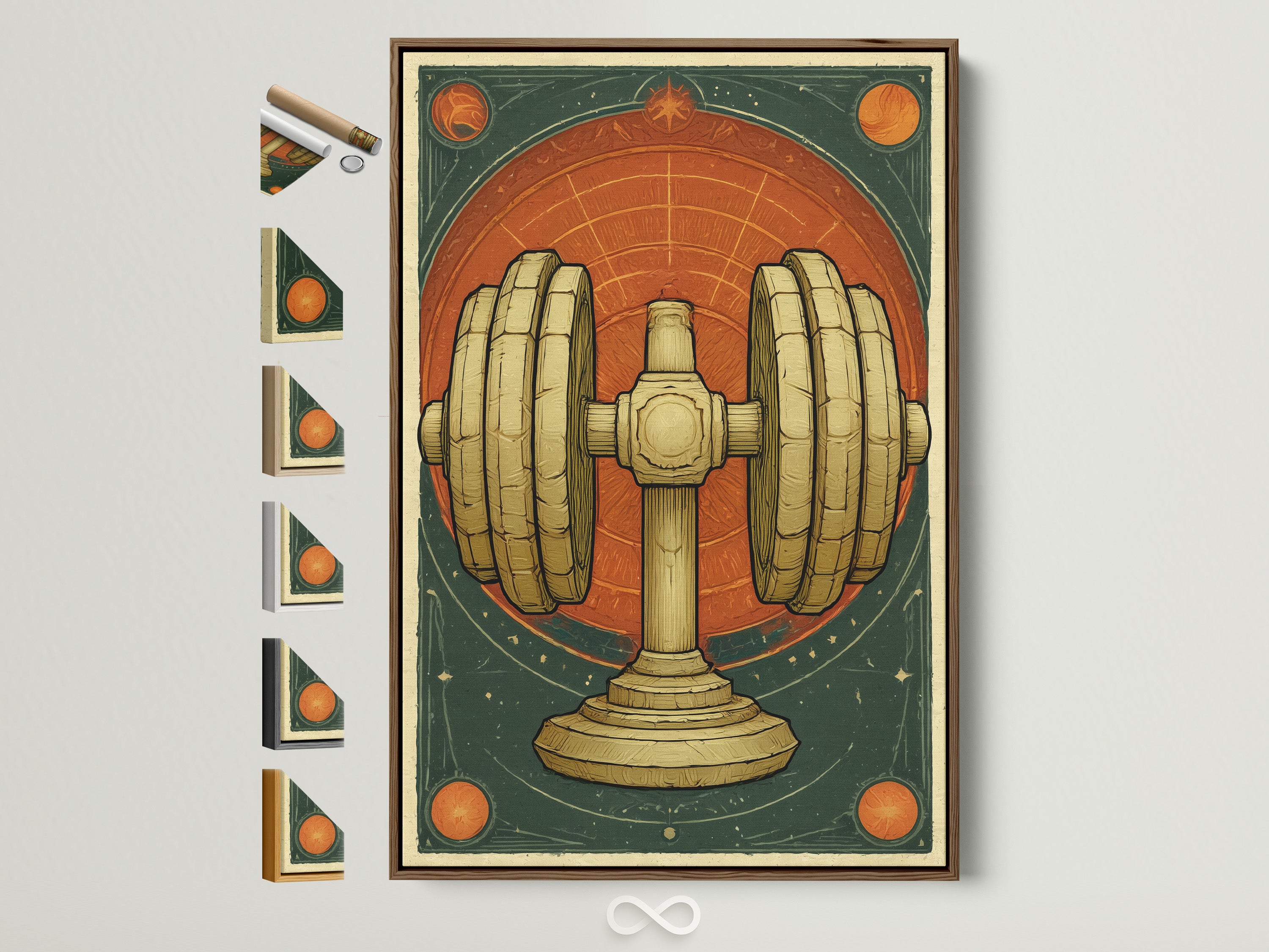 Vintage dumbbell artwork with a brown frame displayed against a neutral wall. Various frame color options are showcased. Ideal for fitness enthusiasts seeking retro gym decor. Elevate your home gym or workout space with this unique art deco piece. Transform your fitness area with vintage charm and style. Perfect for adding character to any gym or home.