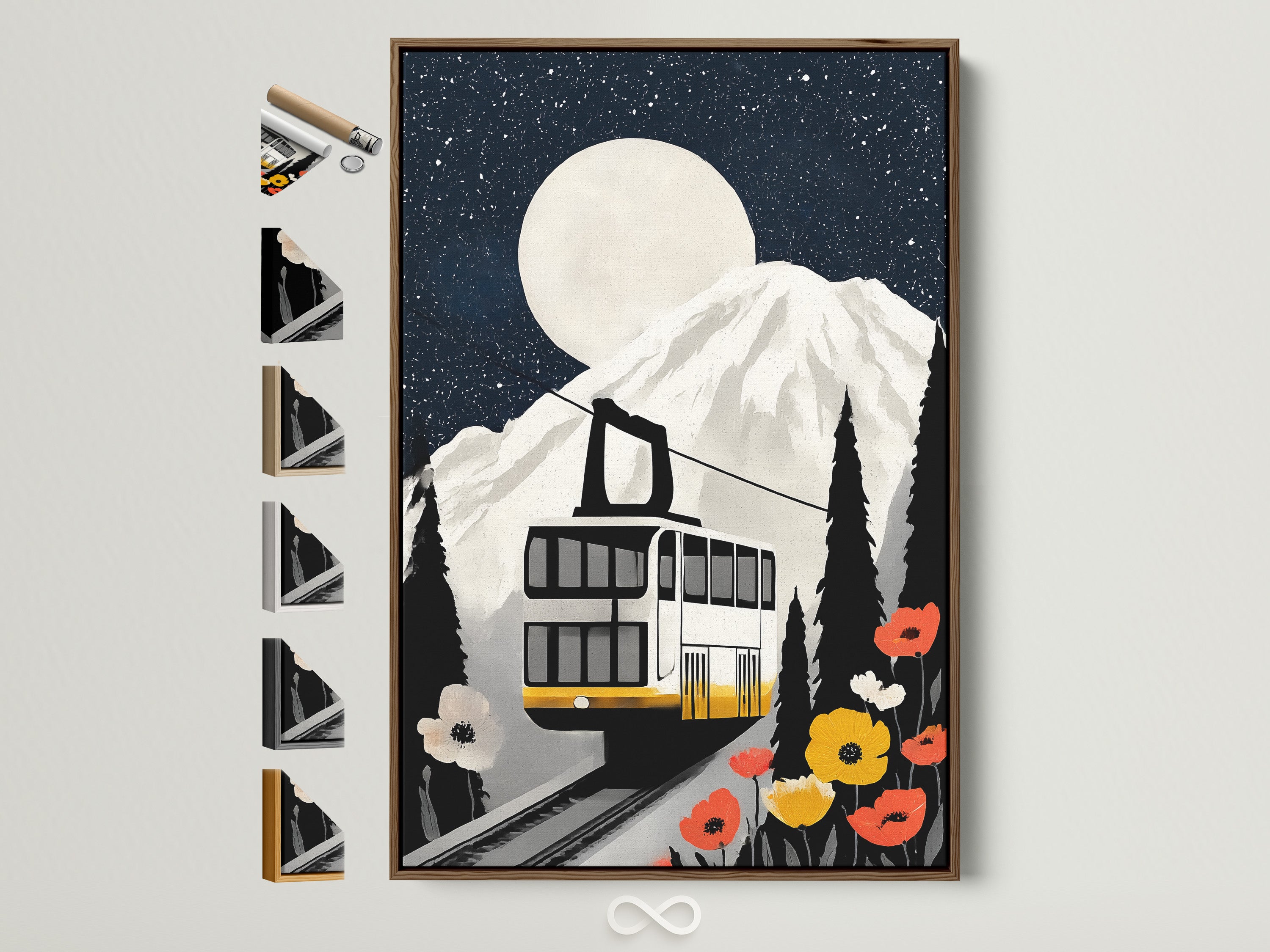 Mountain Railway art print in a brown frame. The framed artwork includes all frame options on the side. This vintage cable car canvas wall art adds alpine adventure decor to any office space. It offers a lodge-style accent.