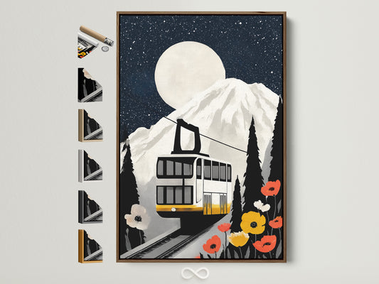 Mountain Railway art print in a brown frame. The framed artwork includes all frame options on the side. This vintage cable car canvas wall art adds alpine adventure decor to any office space. It offers a lodge-style accent.