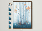 Birch tree art in a brown frame. See all frame options available for this Scandinavian style nature artwork. The teal forest wall art enhances any minimalist or modern space in your home.
