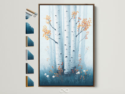 Birch tree art in a brown frame. See all frame options available for this Scandinavian style nature artwork. The teal forest wall art enhances any minimalist or modern space in your home.