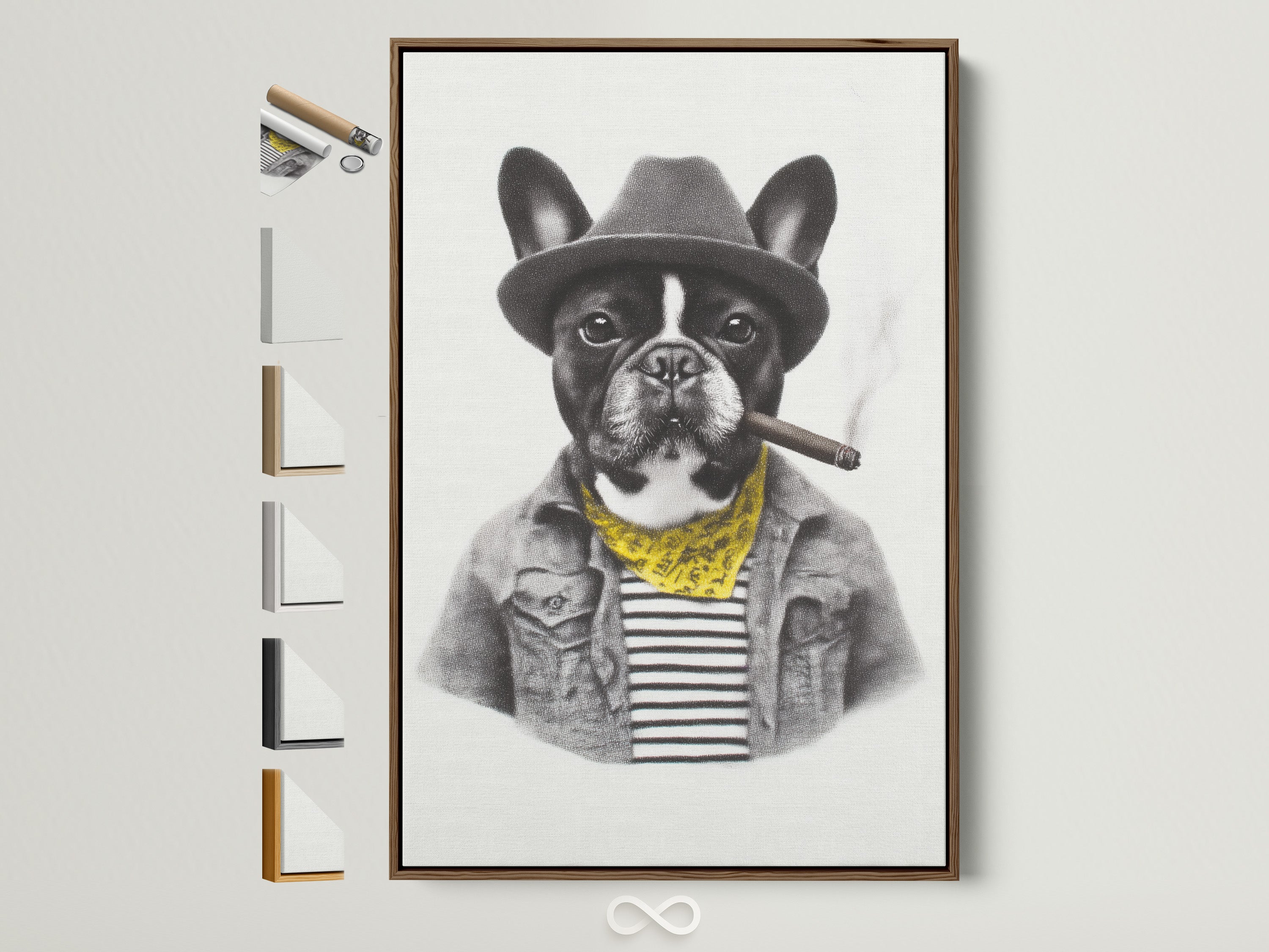 Explore frame options for the French Bulldog art print. This brown frame is displayed alongside other frame styles. Find the perfect frame to complement your vintage animal artwork and office decor. Customize your dog portrait print today.