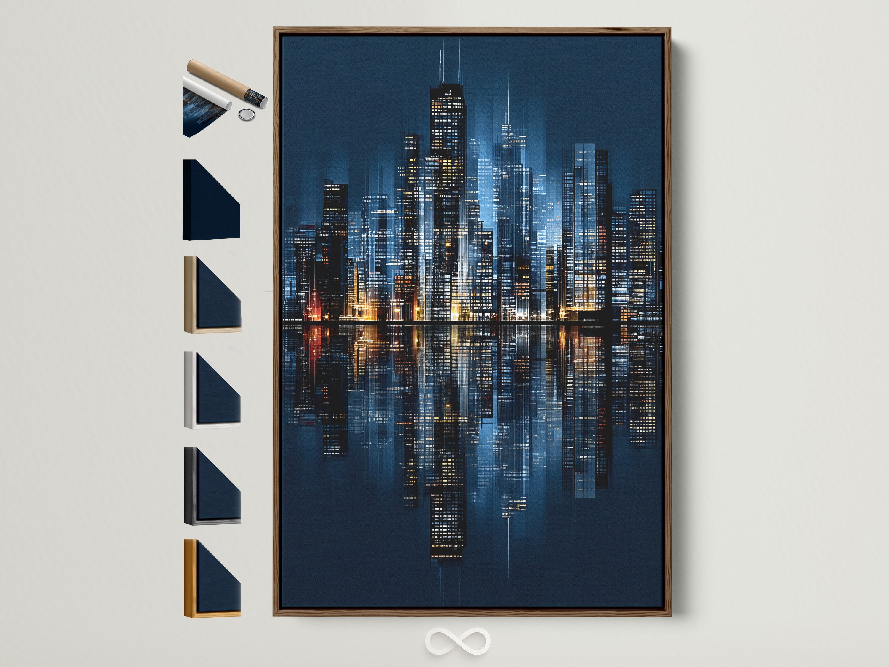 Explore frame options with this Chicago skyline canvas print. See the brown frame alongside white black and gold choices. Find the perfect frame to match your decor and elevate your urban wall art.