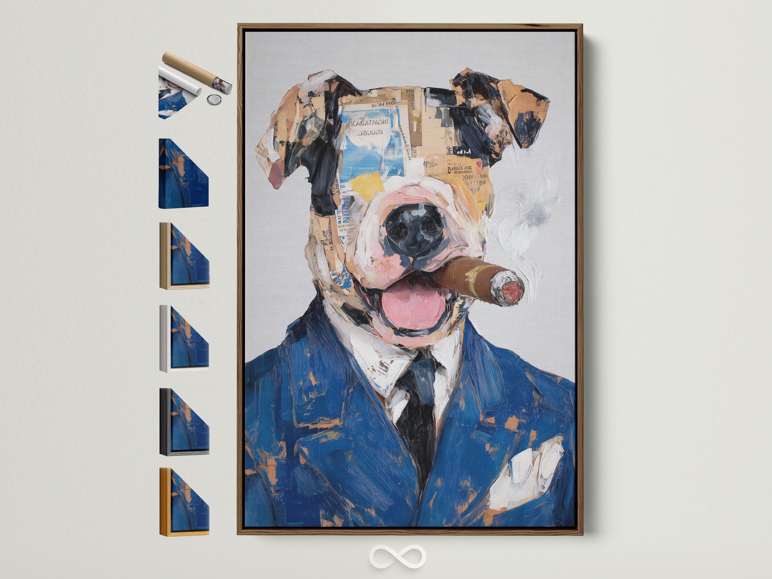 Dog portrait art print in a brown frame. All frame options are displayed on the side. This mixed media collage wall art adds a quirky touch to any office decor. A unique piece for any dog lover.