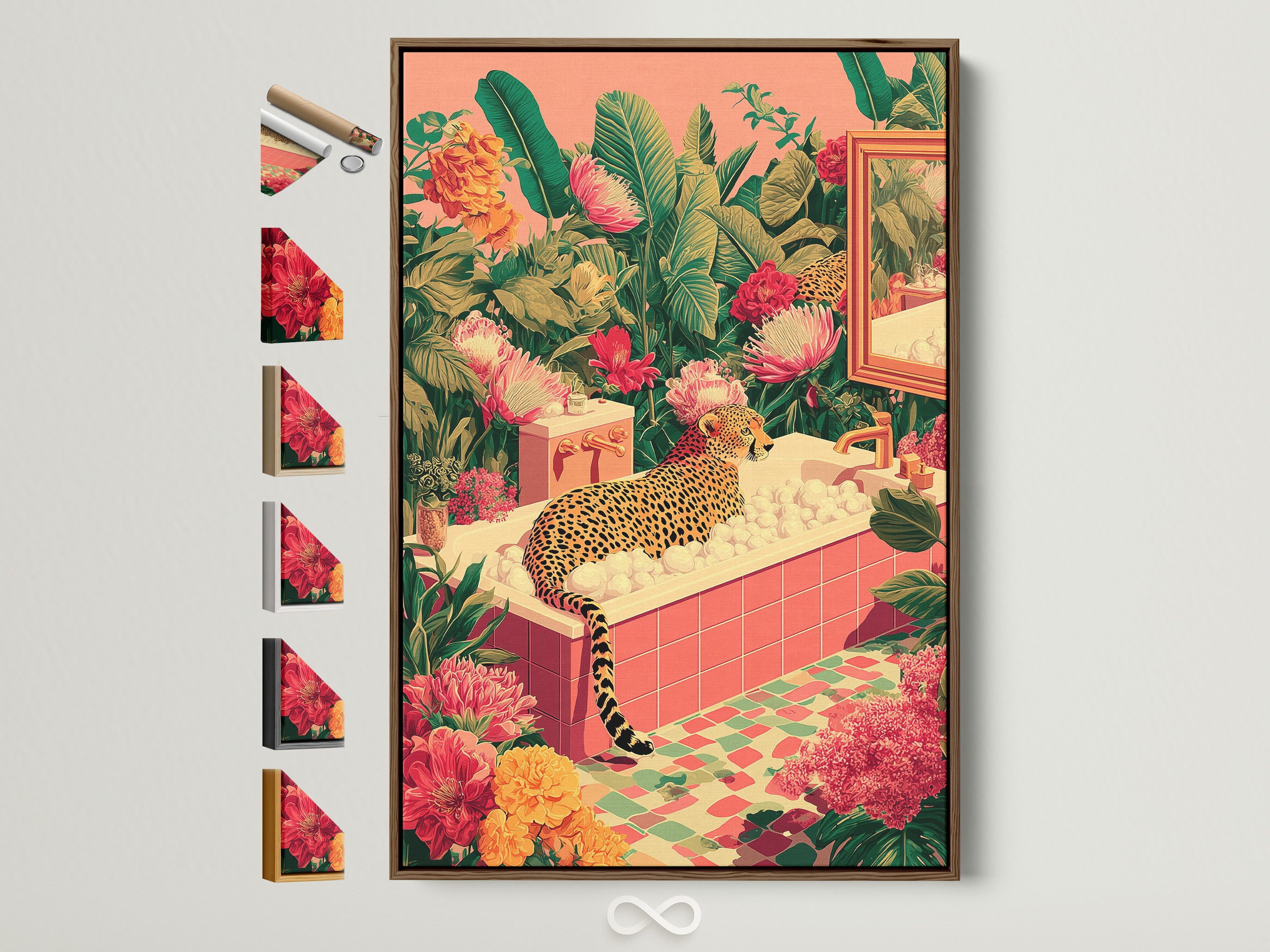 Elevate your walls with our framed artwork. View a brown frame displaying a vibrant art print. All frame options are showcased on the side. Transform your space with framed art. Discover the perfect frame to complement your style. Explore our wide selection today.