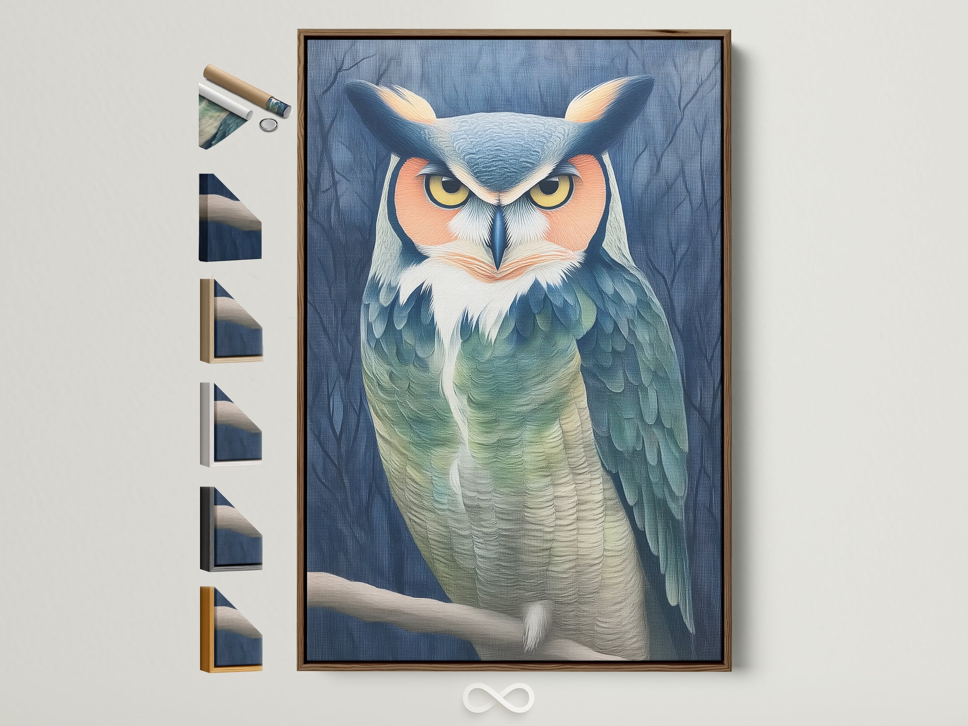 Moody bird wall art in a brown frame is showcased. This owl portrait canvas print adds a rustic touch to any room. All frame options are displayed. Perfect teal and beige animal artwork for a study room or cabin.