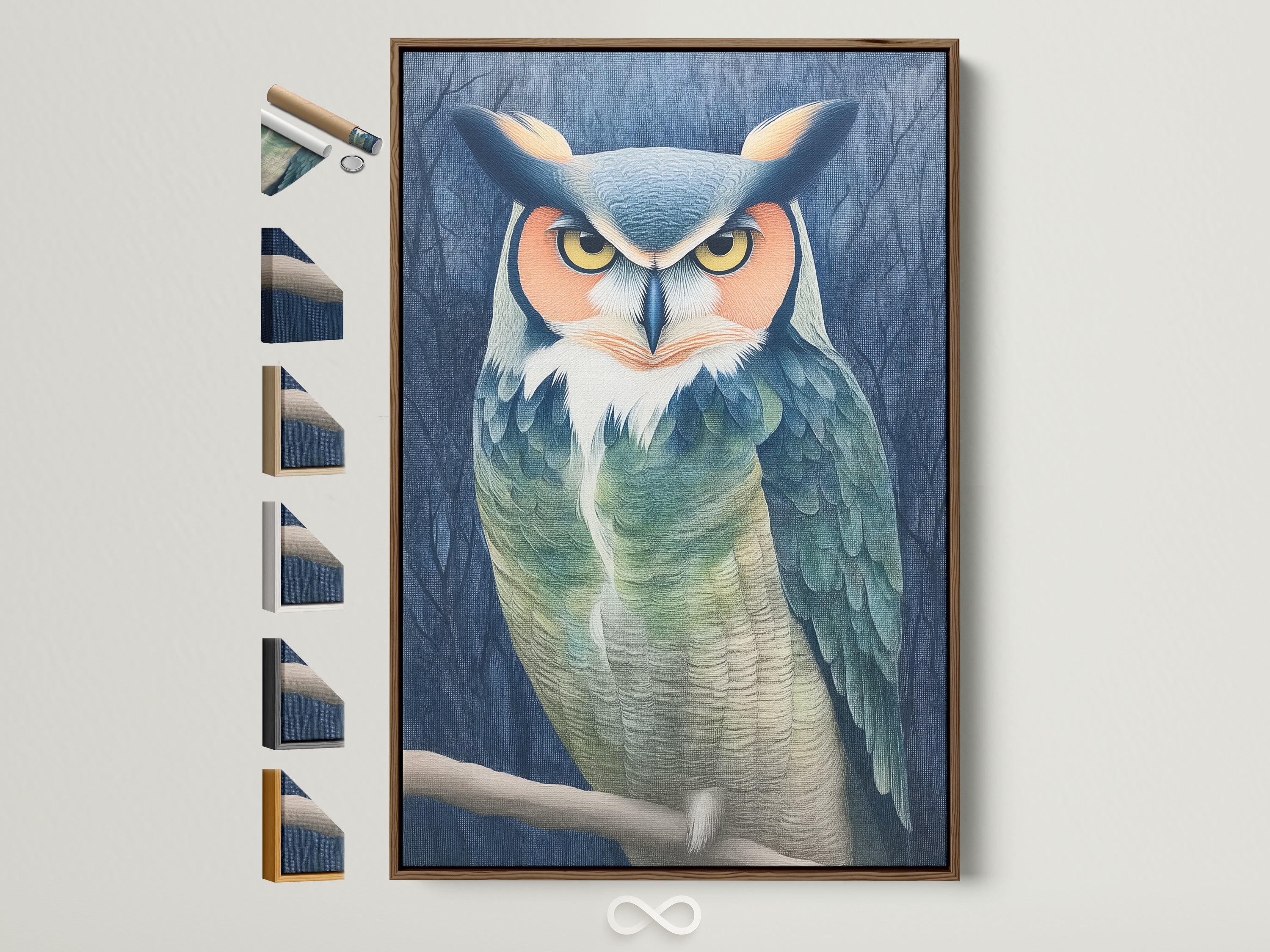 Moody bird wall art in a brown frame is showcased. This owl portrait canvas print adds a rustic touch to any room. All frame options are displayed. Perfect teal and beige animal artwork for a study room or cabin.