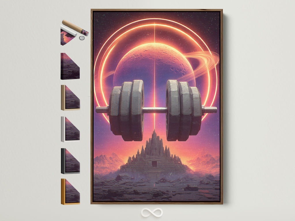 Futuristic Gym Wall Art framed in brown. See all framing options for this sci-fi fitness motivation artwork. A neon planet and dumbbell create workout decor. Find home gym space inspiration here.