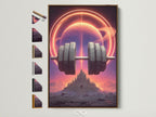 Futuristic Gym Wall Art framed in brown. See all framing options for this sci-fi fitness motivation artwork. A neon planet and dumbbell create workout decor. Find home gym space inspiration here.