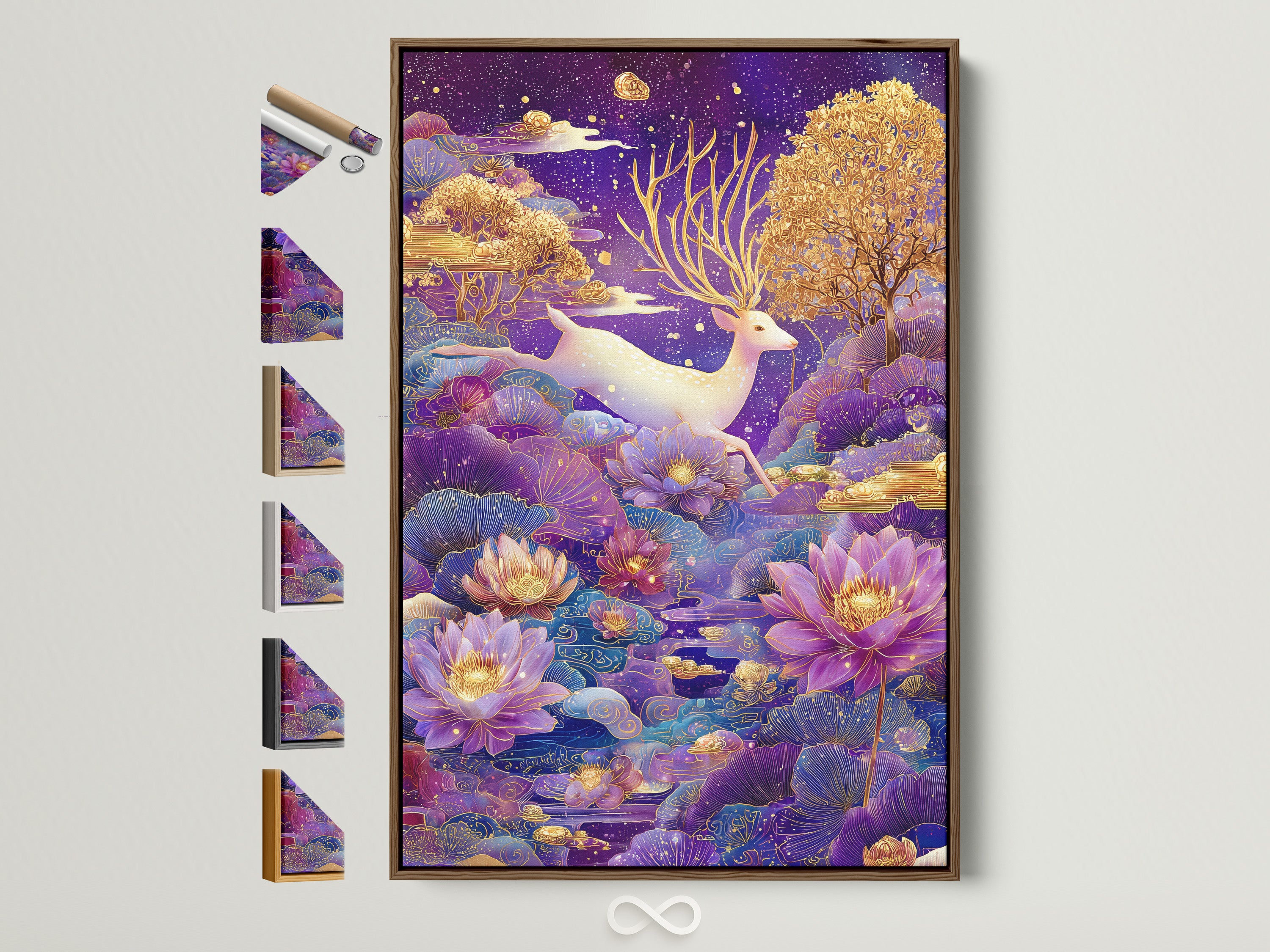 Explore frame options for the Mystical Deer art print. This brown frame is displayed with other frame choices. Find the perfect frame to match your decor style. Discover art that enhances your space.