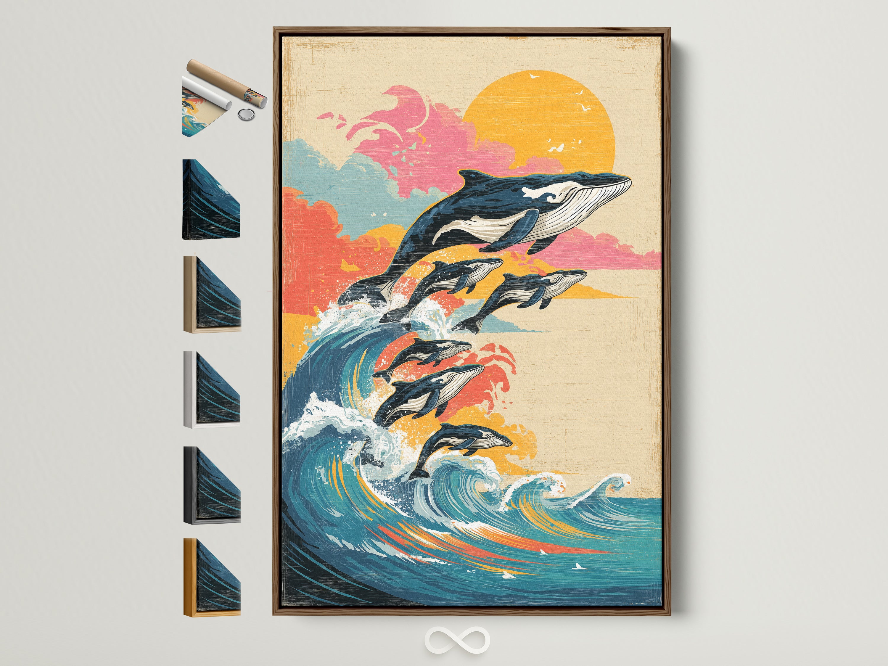 Brown frame showcasing whale ocean artwork. This vintage marine artwork displays a sunset wave canvas print. Perfect coastal bedroom decor. Discover marine life artwork and nautical wall art options displayed in various frames.