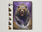 Grizzly Bear artwork with a brown frame. This fantasy wildlife art showcases a bear in armor against a purple mountain backdrop. See all our frame options available on the side. Ideal for man caves and adventure themed rooms.