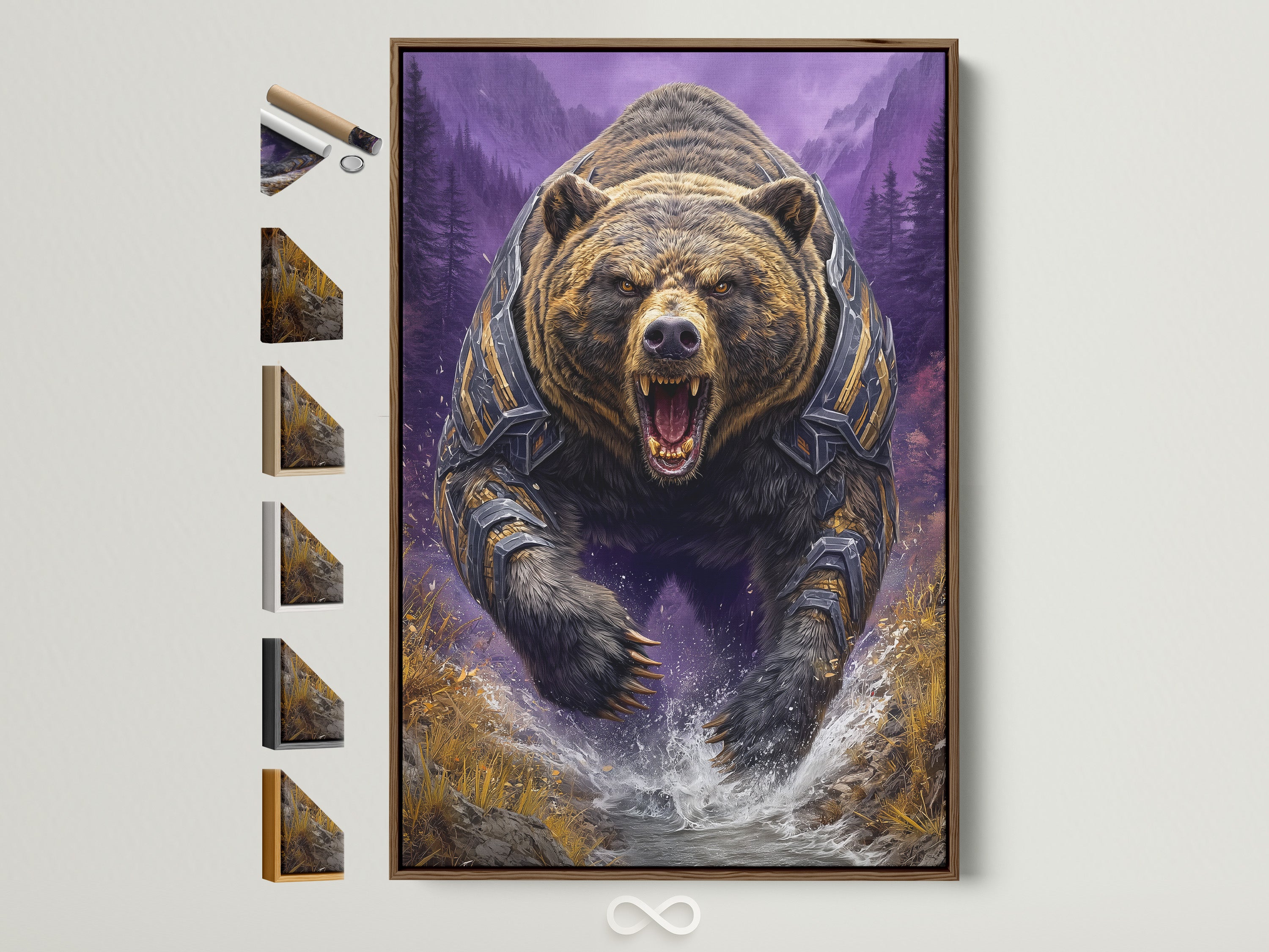 Grizzly Bear artwork with a brown frame. This fantasy wildlife art showcases a bear in armor against a purple mountain backdrop. See all our frame options available on the side. Ideal for man caves and adventure themed rooms.