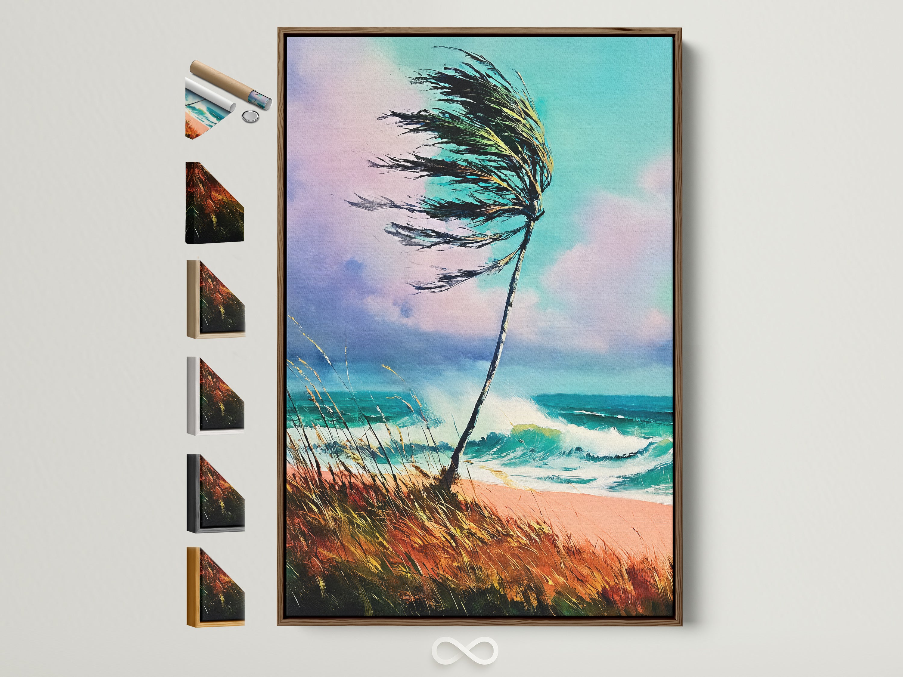 Framed coastal beach artwork with a brown frame. A turquoise seascape artwork featuring a palm tree. The artwork is displayed with multiple frame options on the side. It's a perfect piece for coastal home office decor.