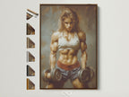 Brown frame artwork of a strong woman canvas print. The fitness motivation wall art showcases a female bodybuilder. View all frame options. Perfect home gym decor. Elevate your workout space with this inspiring piece.
