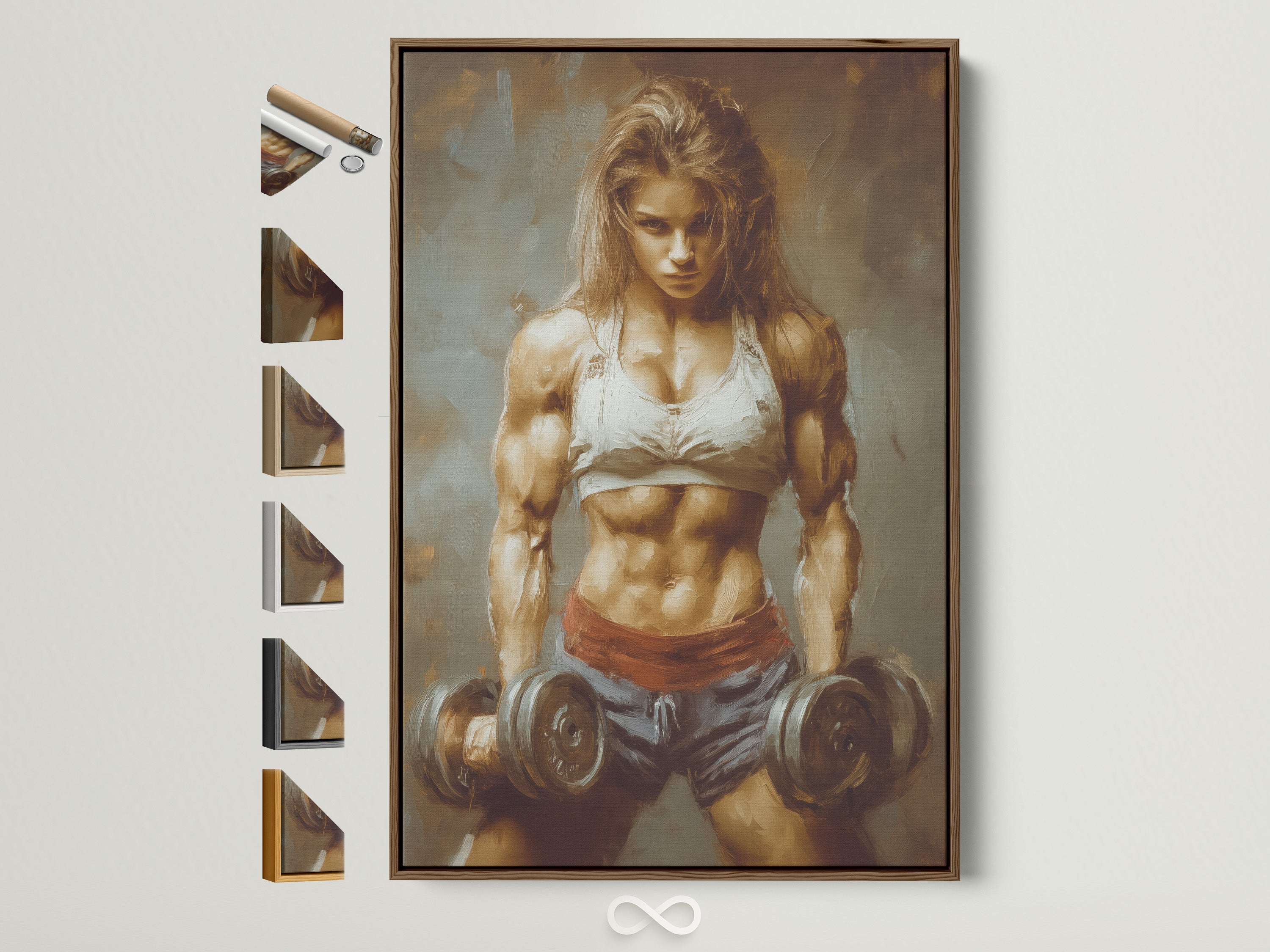 Brown frame artwork of a strong woman canvas print. The fitness motivation wall art showcases a female bodybuilder. View all frame options. Perfect home gym decor. Elevate your workout space with this inspiring piece.