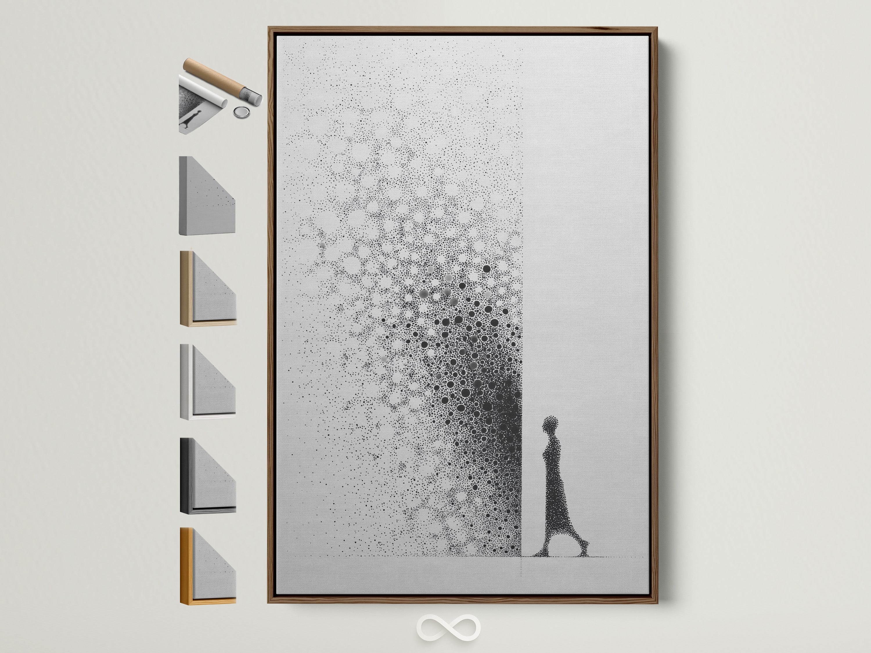 A brown frame is displayed. It showcases all available frame options on the side. Perfect for displaying art or photos. Find the ideal frame to complement your artwork. Enhance your home decor today