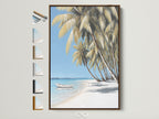 Tropical beach artwork in a brown frame. The artwork depicts palm trees a white sand beach and a boat in calm blue water. The frame color options are displayed beside the art piece. Perfect coastal artwork for any room.