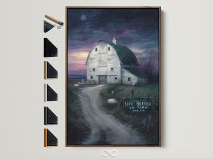 Framed farmhouse canvas print showcasing available frame options. The rustic barn wall art features a brown frame. See all frame choices for your country landscape artwork. Ideal kitchen art to bring rural artwork into your country home. A perfect gift for the farmer who appreciates farm painting.
