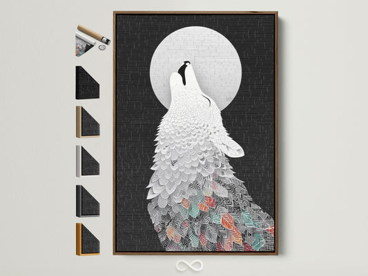 A wolf howls at the moon in this captivating artwork. The print is displayed in a brown frame. Notice other frame options on the side. Perfect for adding a touch of nature and geometric style to your bedroom decor. View available frame styles for the wolf howling at the moon art print.