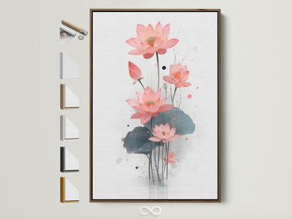Explore framing options for your lotus flower artwork. This brown frame is displayed alongside a variety of frame styles. Find the perfect frame to complement your pink floral poster and bedroom wall decor. Enhance your modern decor with botanical prints and flower art.