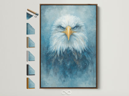 A captivating eagle portrait is displayed in a brown frame. The artwork features a majestic bird with piercing blue eyes. Various frame options are showcased beside it. This piece elevates modern wall art complementing minimalist or contemporary styles. Perfect for living rooms offices and executive suites.