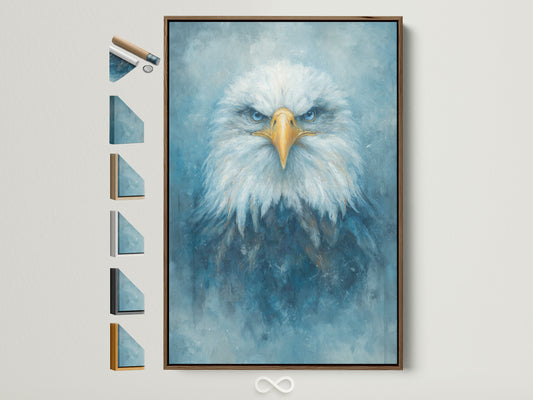 A captivating eagle portrait is displayed in a brown frame. The artwork features a majestic bird with piercing blue eyes. Various frame options are showcased beside it. This piece elevates modern wall art complementing minimalist or contemporary styles. Perfect for living rooms offices and executive suites.