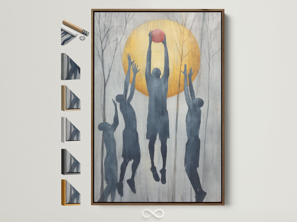 Framed basketball silhouette art hangs on a wall showcasing various frame options. The brown frame complements the grey and gold tones in the sports artwork. Ideal athletic wall decor for a boys room or game room. Elevate your space with this team spirit print. Explore options for stretched canvas or fine art paper.
