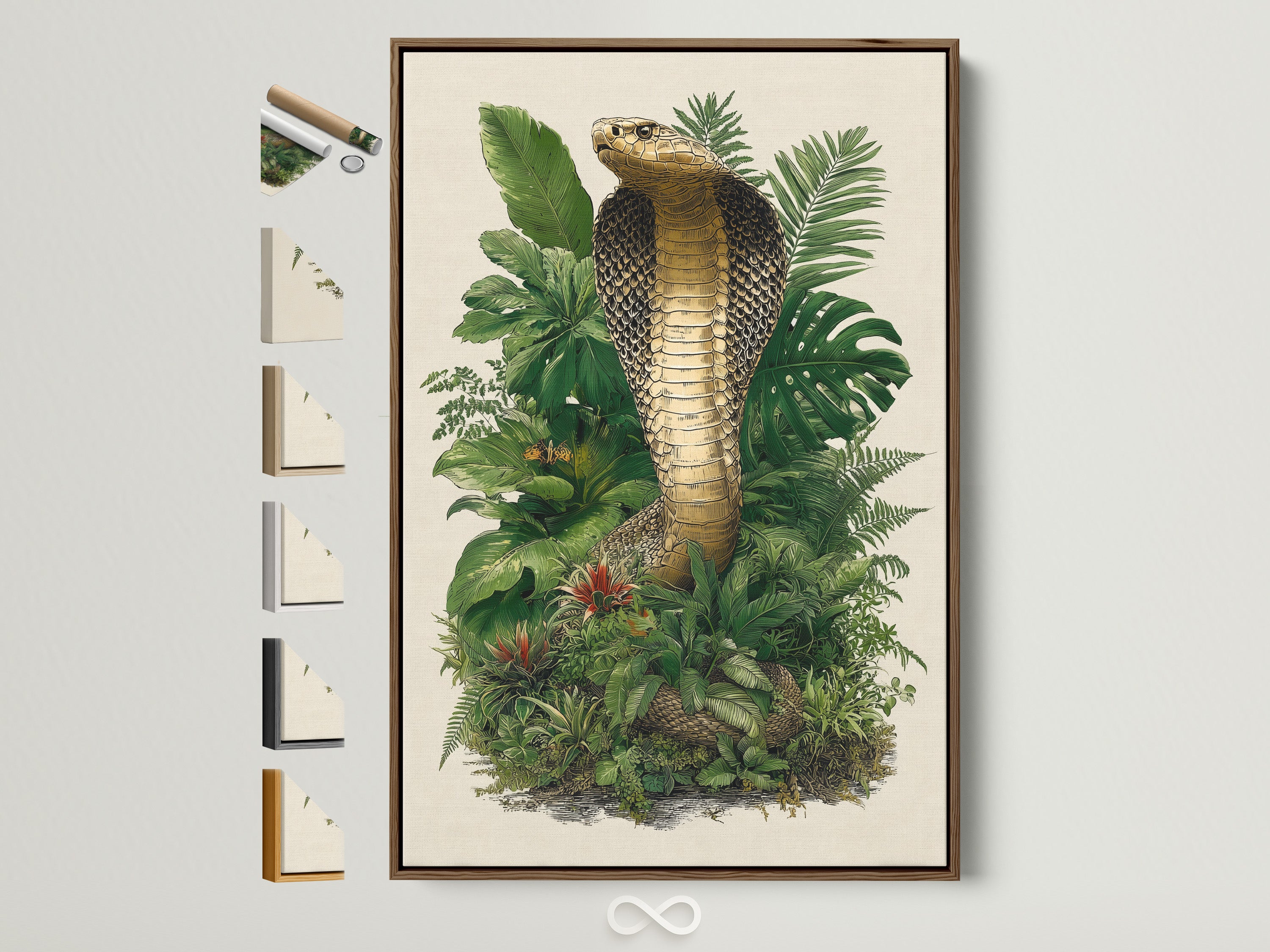 Explore frame options for your artwork. This photo showcases a brown frame. All available frame styles are displayed on the side. Find the perfect frame to complement your art piece.