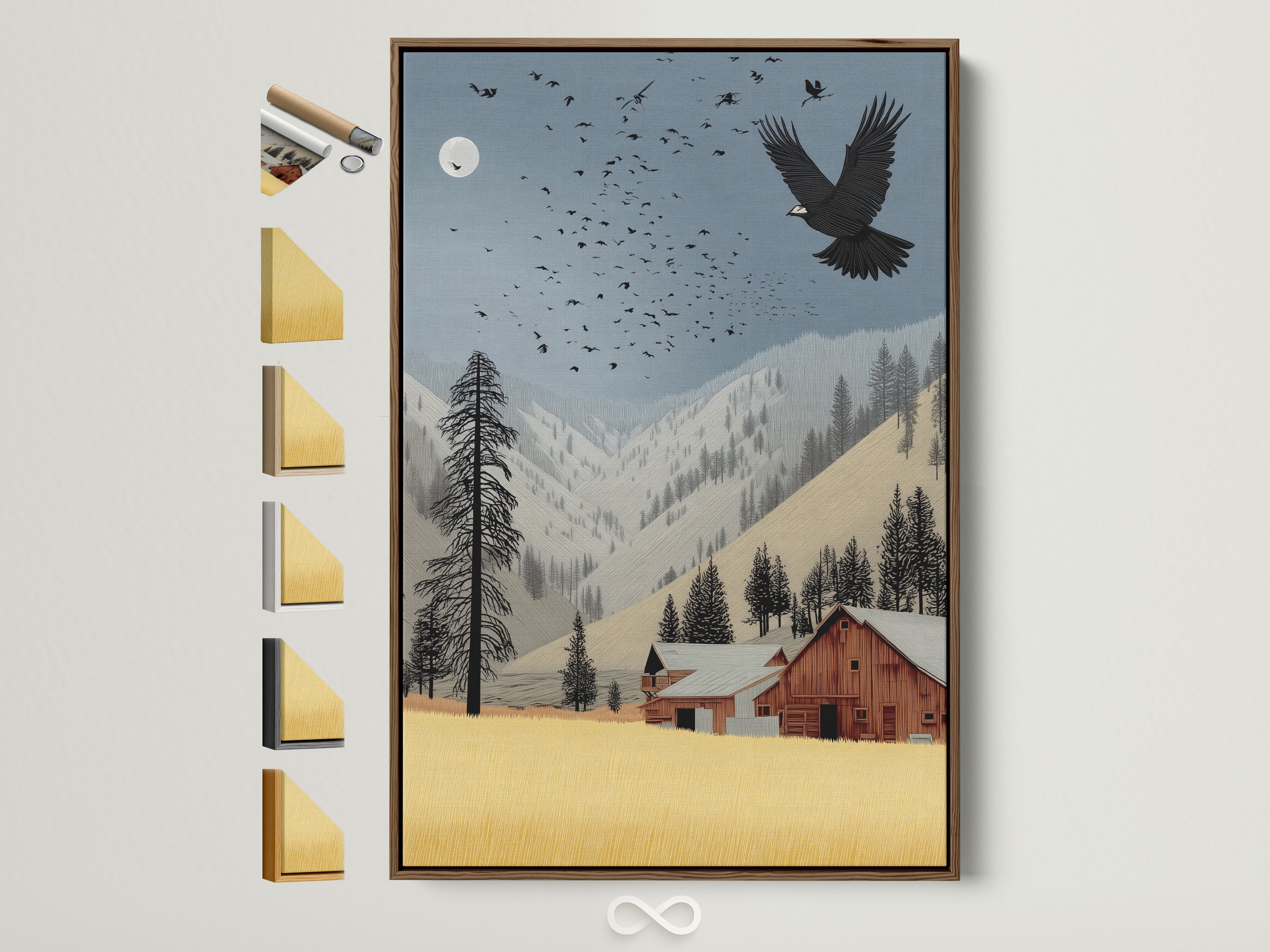 A rustic farmhouse wall art print featuring an eagle over a barn. The artwork is displayed in a brown frame. Various frame options are showcased on the side. This vintage landscape poster adds a touch of country charm to any cabin or home. Perfect for rustic decor and nature enthusiasts.