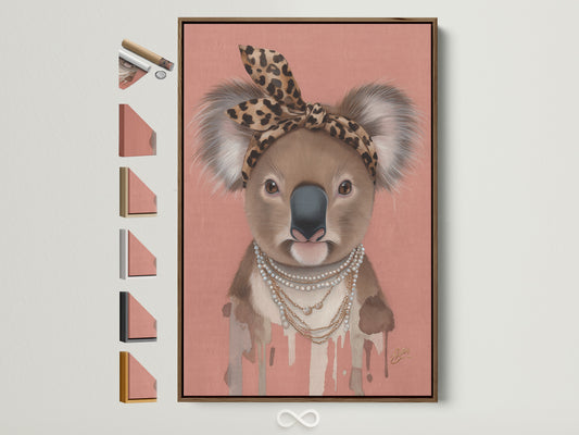 Brown Frame displays Koala Wall Art options. This trendy animal canvas print features a Koala wearing a leopard print headband and pearl necklace. Ideal modern art for nurseries and kids' rooms. Various frame choices are showcased.