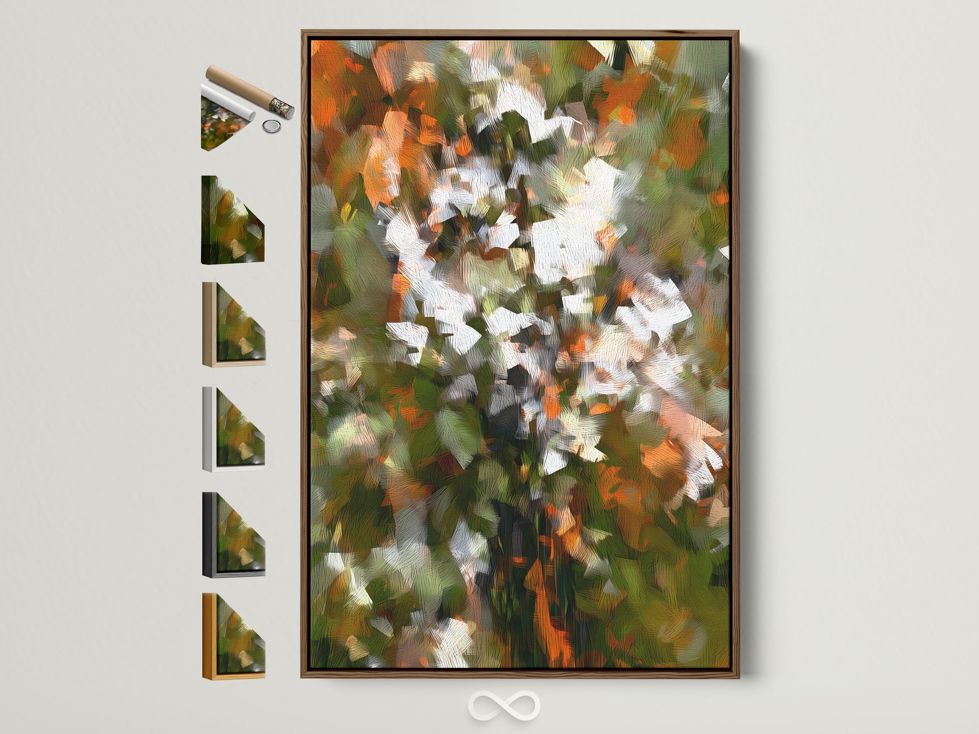 Abstract floral artwork in a brown frame hangs on a white wall. The artwork features orange green and white brushstrokes. The frame has various framing options displayed on the side. Perfect for adding a modern touch to any room
