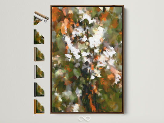 Abstract floral artwork in a brown frame hangs on a white wall. The artwork features orange green and white brushstrokes. The frame has various framing options displayed on the side. Perfect for adding a modern touch to any room