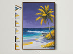 Tropical beach artwork in a brown frame hangs on a white wall. See all frame options available. This coastal paradise artwork features a palm tree ocean scene. Perfect for adding a beachy touch to your home decor.