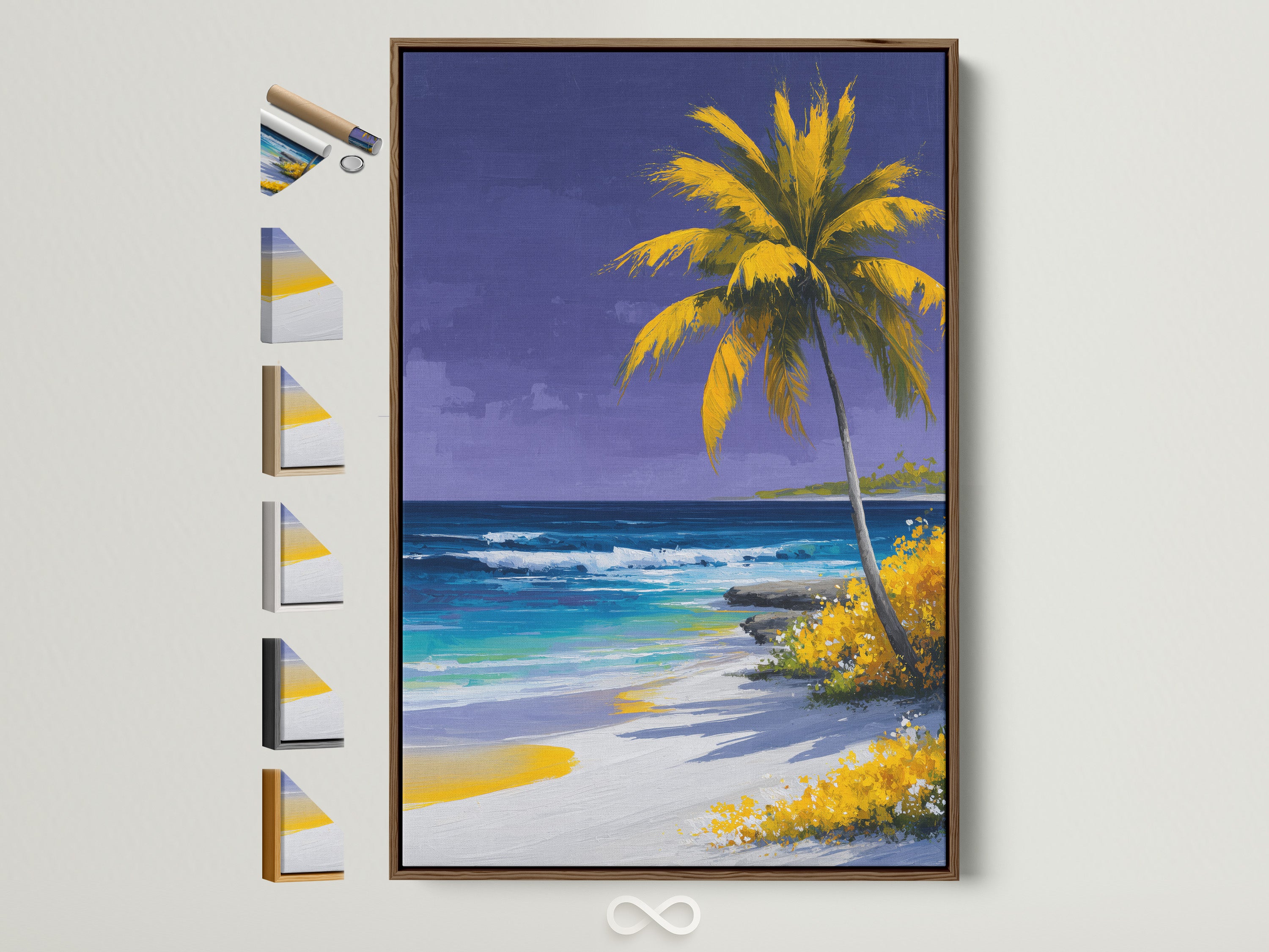 Tropical beach artwork in a brown frame hangs on a white wall. See all frame options available. This coastal paradise artwork features a palm tree ocean scene. Perfect for adding a beachy touch to your home decor.