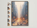 A vibrant city street artwork in a brown frame. This urban skyline wall art captures a golden hour scene. Frame options are displayed on the side. Perfect office wall decor.