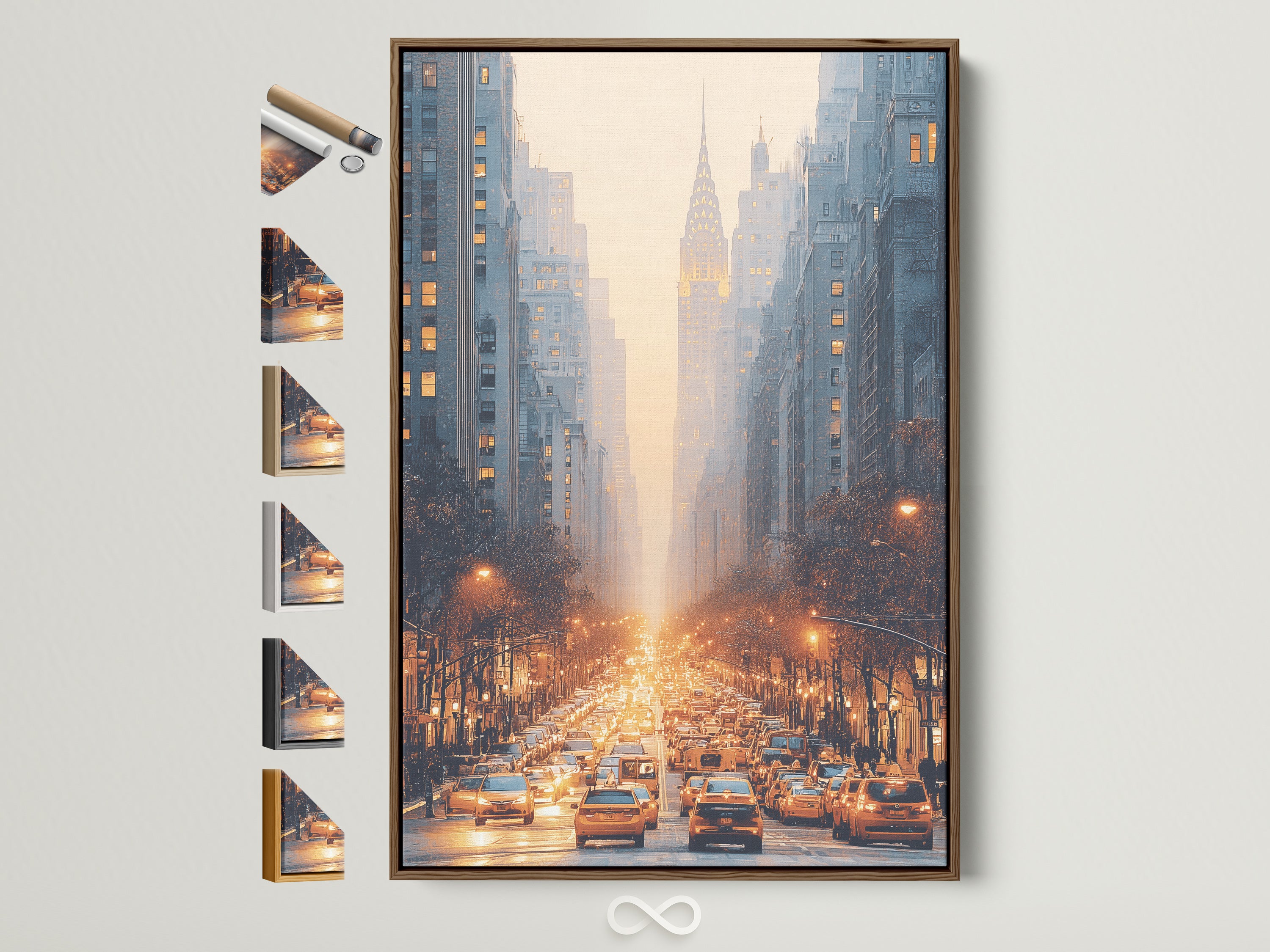 A vibrant city street artwork in a brown frame. This urban skyline wall art captures a golden hour scene. Frame options are displayed on the side. Perfect office wall decor.