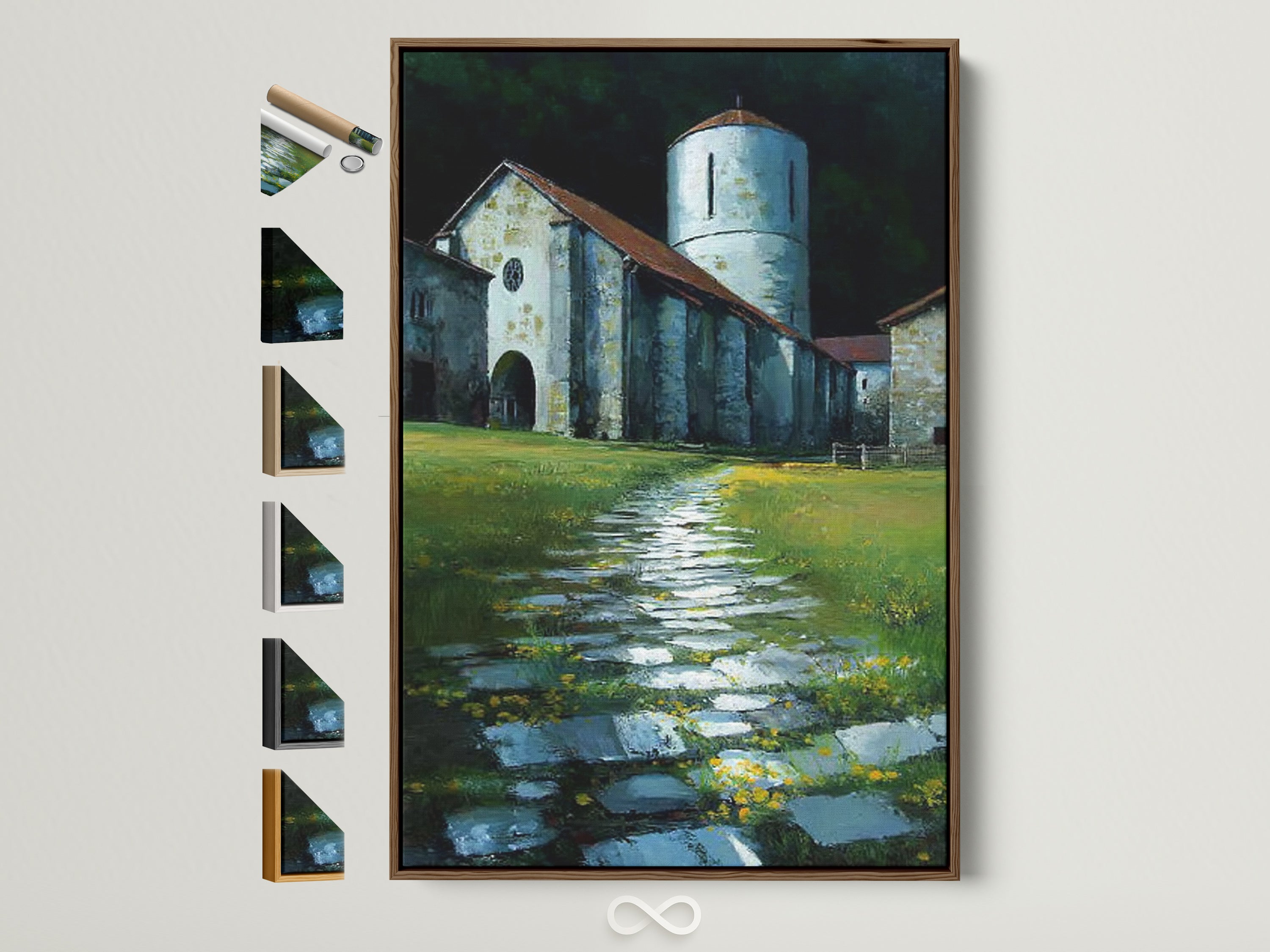 A rustic church tower artwork in a brown frame is displayed on a white wall. This artwork adds a vintage touch. You can see frame options on the side. Perfect wall art for your study room decor